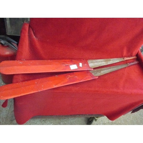 66 - PAIR OF AFRICAN TRIBAL MACHETES IN RED ANIMAL SKIN SHEATHES