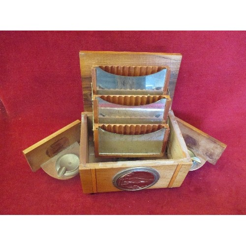 24 - VINTAGE MUSICAL  CIGARETTE BOX AND DESK STAND WITH CALENDAR AND METAL FIGURE OF AN ALSATION