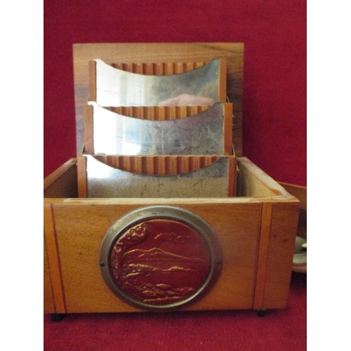 24 - VINTAGE MUSICAL  CIGARETTE BOX AND DESK STAND WITH CALENDAR AND METAL FIGURE OF AN ALSATION