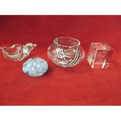 SELECTION OF GLASS INC CAITHNESS BOWL WITH BLACK AND WHITE STRIPE, GUERNSEY GLASS PAPERWEIGHT, MURAN
