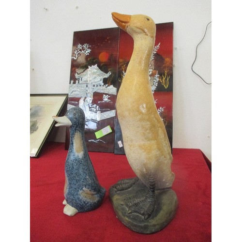 101 - 2 ORNAMENTAL DUCK FIGURES, THE TALLER BEING CONCRETE.  APPROX 35CM AND 19CM H.