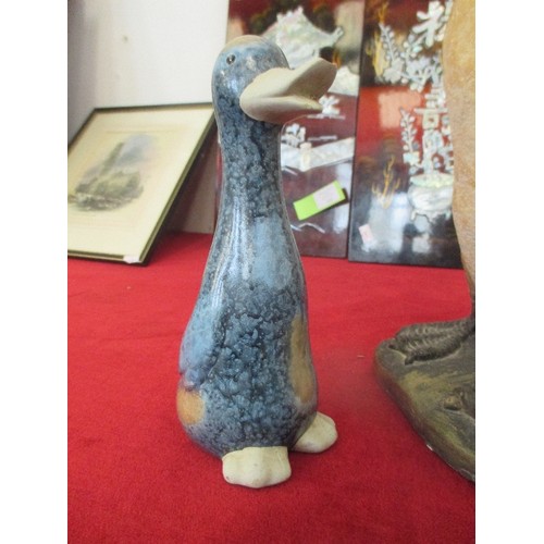 101 - 2 ORNAMENTAL DUCK FIGURES, THE TALLER BEING CONCRETE.  APPROX 35CM AND 19CM H.