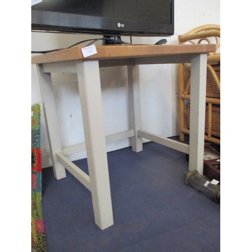 123 - SIDE TABLE. PALE GREY LEGS, BEECH? TOP 55CM H/55CM L/50CM D.