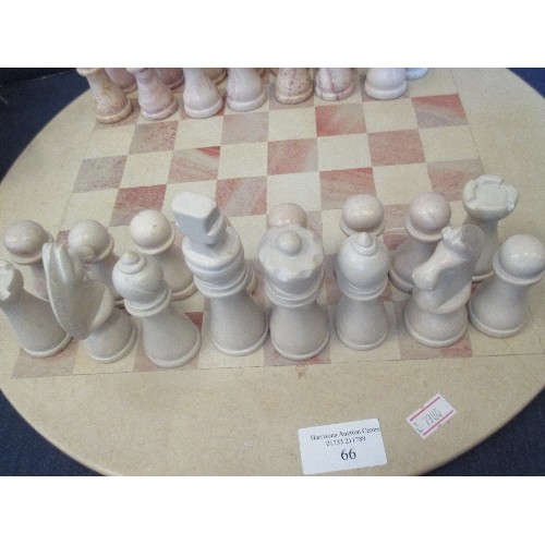 66 - CHESS SET, ATTRACTIVE SET, ALL SOAPSTONE INCLUDING CIRCULAR BOARD 41CM DIAM.