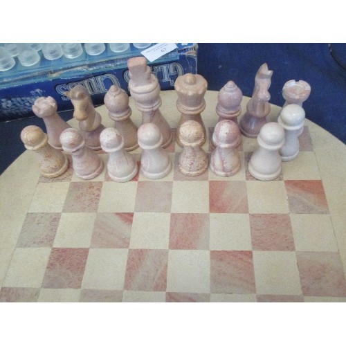 66 - CHESS SET, ATTRACTIVE SET, ALL SOAPSTONE INCLUDING CIRCULAR BOARD 41CM DIAM.