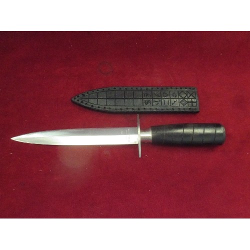 72 - VINTAGE DOUBLE EDGED 'STICKING KNIFE' MADE BY 'F.DICK' GERMANY. 18CM STAINLESS BLADE IN LEATHER SHEA... 