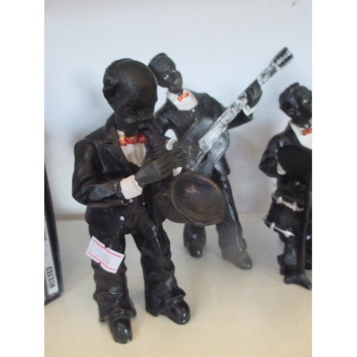 84 - 5 PIECE MINSTREL JAZZ BAND FIGURES. TALLEST APPROX 16CM H.