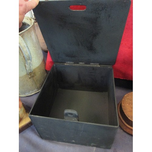 104 - HEAVY METAL BLACK SAFE BOX, APPROX 28CM SQUARE BY 16CM DEEP. WOULD BE SECURED BY A PADLOCK [NOT INCL... 