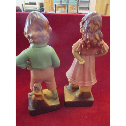 106 - A LOVELY PAIR OF 1930'S CHALK WARE BOY & GIRL FIGURES, APPROX 32CM H.