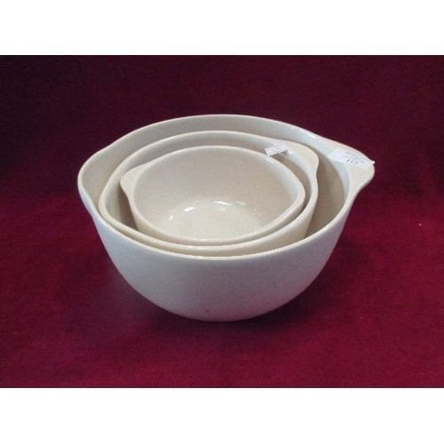 112 - SET OF 3 CREAM CERAMIC MIXING BOWLS, WITH HANDLES AND POURING SPOUTS, GRADUATED SIZES LARGEST APPROX... 