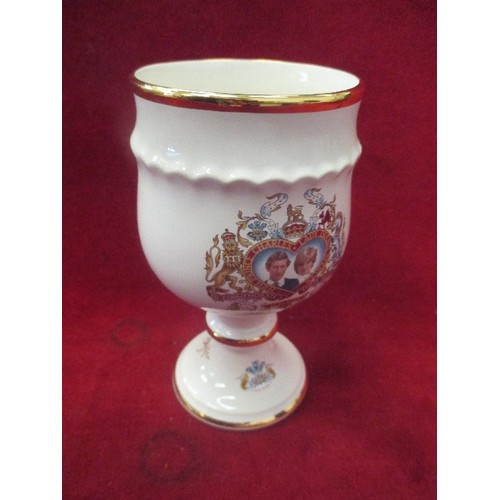 121 - 3 ROYAL COMMEMORATIVE ITEMS, 1 ROYAL WORCESTER PALISSY GOBLET, COMMEMORATING THE MARRIAGE OF CHARLES... 