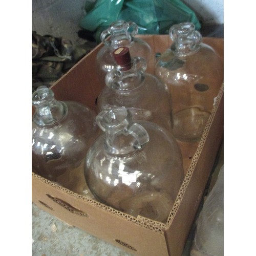 146 - 5 GLASS DEMIJOHNS, AND 12 NEW WINE BOTTLES, STILL SHRINK WRAPPED.