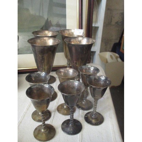 168 - SET OF 10 PLATED GOBLETS 'VALERO SPAIN' WITH TWISTED STEMS. 4 LARGE 17CM H. 6 SMALLER  11.5CM H.