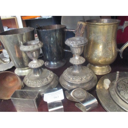 163 - COLLECTION OF PLATED ITEMS, INCLUDES TANKARDS, GOBLETS, CANDELABRA, COASTERS AND CANDLESTICKS.