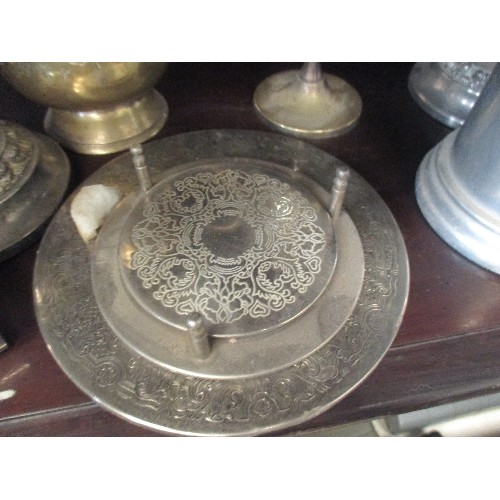 163 - COLLECTION OF PLATED ITEMS, INCLUDES TANKARDS, GOBLETS, CANDELABRA, COASTERS AND CANDLESTICKS.