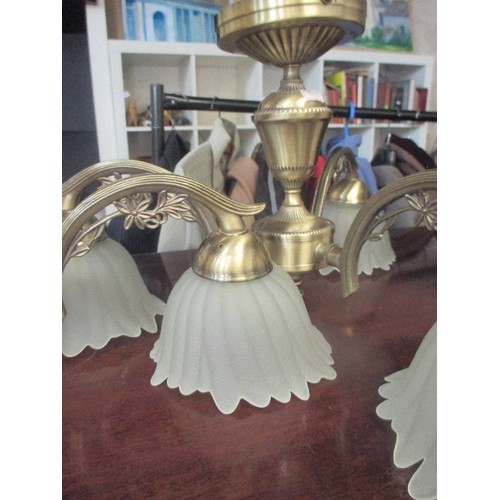 161 - 2 GLASS AND ANTIQUE EFFECT BRASS CEILING LIGHTS, EACH WITH 3 FROSTED TULIP SHADES.