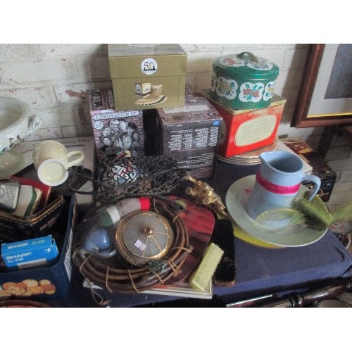 129 - LARGE MIXED LOT, THE CORNER INCLUDES  JEWELLERY, ORNAMENTS, BOOKS, CERAMICS, DVD'S, WARMING PAN, CHA... 