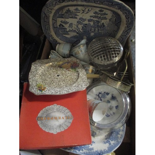 159 - LOT INCLUDES 3 BOXES OF CERAMICS, GLASS ITEMS, 2 VINTAGE BLUE AND WHITE MEAT PLATES, PICTURE FRAMES ... 