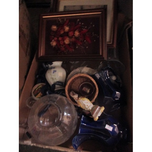 159 - LOT INCLUDES 3 BOXES OF CERAMICS, GLASS ITEMS, 2 VINTAGE BLUE AND WHITE MEAT PLATES, PICTURE FRAMES ... 