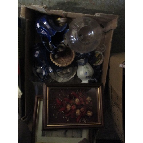 159 - LOT INCLUDES 3 BOXES OF CERAMICS, GLASS ITEMS, 2 VINTAGE BLUE AND WHITE MEAT PLATES, PICTURE FRAMES ... 