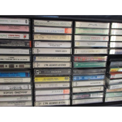 179 - LARGE MUSIC TAPE COLLECTION, HOUSED IN A SMALL VINTAGE SUITCASE, AND 2 LARGE TAPE CARRY CASES. VARIO... 