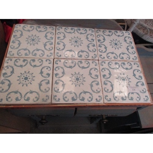 281 - SHABBY CHIC - SMALL WOODEN SIDE TABLE WITH CERAMIC TILE TOP AND A MATCHING CUPBOARD WITH DRAWER