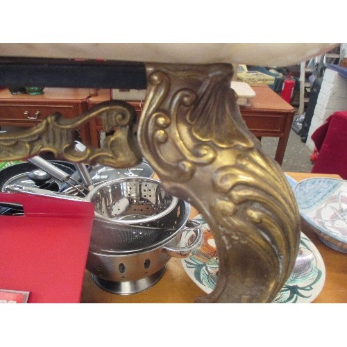 217 - MID CENTURY ONYX COFFEE TABLE WITH DECORATIVE BRASS LEGS - 77CM X 48CM - SOME CHIPS TO EDGE