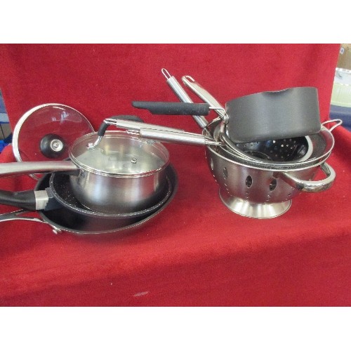 218 - QUANTITY OF POTS AND PANS INCLUDING NON STICK FRYING PANS, COLANDER, SIEVES ETC - GOOD CLEAN CONDITI... 