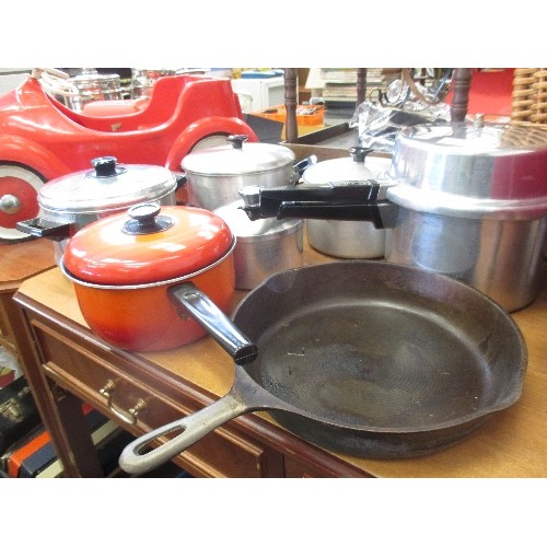 236 - POTS AND PANS INCLUDING SLOW COOKER, HEAVY CAST AMERICAN SKILLET