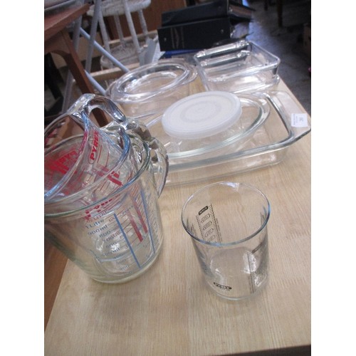 280 - PYREX IN GOOD CLEAN COND INC 3 X GRADUATED MEASURING JUGS, OVEN AND CASSEROLE DISHES