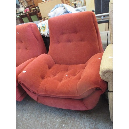 356 - PAIR OF 20TH CENTURY MODERNIST STYLE SWIVEL ARMCHAIRS IN RUST RED COLOUR - BUTTONED SEATS AND BACK -... 