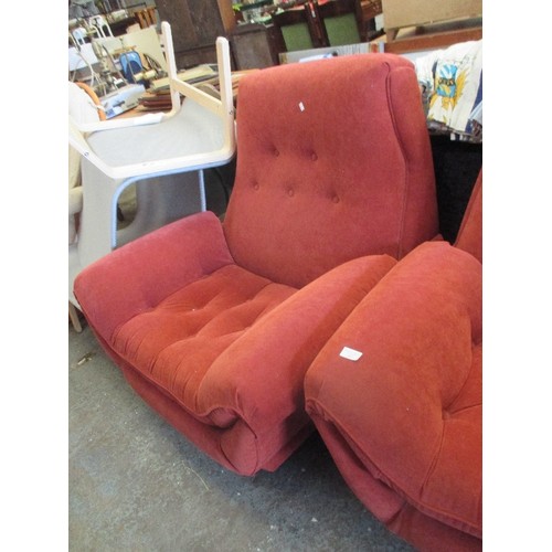 356 - PAIR OF 20TH CENTURY MODERNIST STYLE SWIVEL ARMCHAIRS IN RUST RED COLOUR - BUTTONED SEATS AND BACK -... 