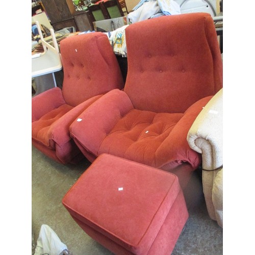 356 - PAIR OF 20TH CENTURY MODERNIST STYLE SWIVEL ARMCHAIRS IN RUST RED COLOUR - BUTTONED SEATS AND BACK -... 