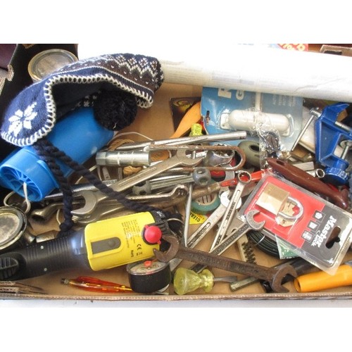 302 - TOOLBOX WITH HAND TOOLS, DRILL BITS, RAWLPLUGS ETC TOGETHER WITH A BOX OF SPANNERS, JOSEPH BENTLEY S... 