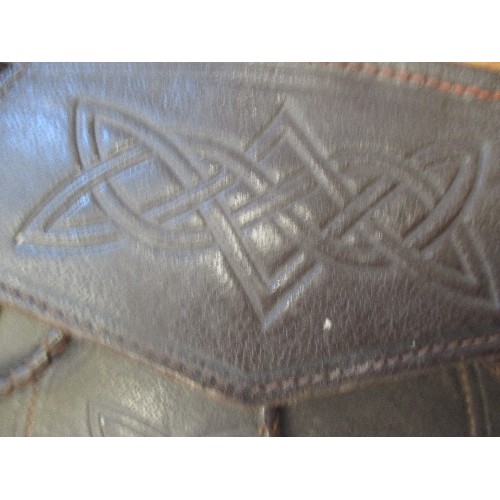 268 - GOOD QUALITY SCOTTISH LEATHER SPORRAN WITH CHAINS, CELTIC KNOT DESIGN AND A WALL HANGER WITH A STAG