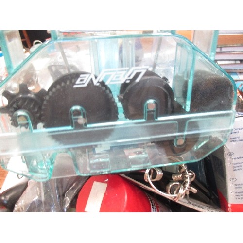 338 - BOX OF CYCLING ACCESSORIES INCLUDING ALLOY BAR ENDS (NEW), WELLGO PEDALS, SHIMANO 10 SPEED CASSETTE ... 