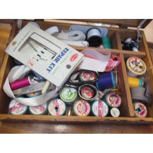 345 - WOODEN SEWING BOX WITH COTTON REELS ETC AND A VINTAGE TIN