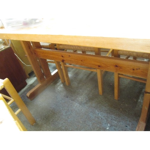 373 - SOLID PINE REFECTORY DINING TABLE WITH 6 MATCHING RUSH SEATED CHAIRS