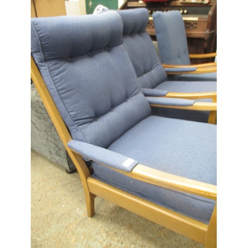 384 - PAIR OF MID CENTURY WOODEN FRAMED ARMCHAIRS , RE-UPHOLSTERED IN A QUALITY BLUE LINEN FABRIC - POSSIB... 