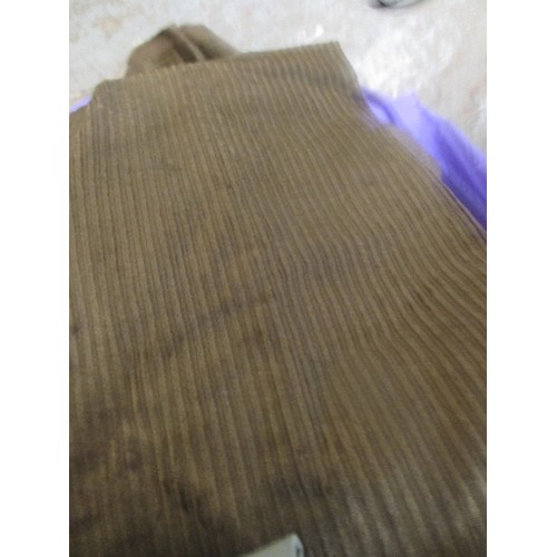 420 - BAG OF FABRIC INCLUDING OVER 5 METRES OF BROWN CORDUROY, BLACK CORDUROY, CHECK, CURTAIN FABRIC ETC