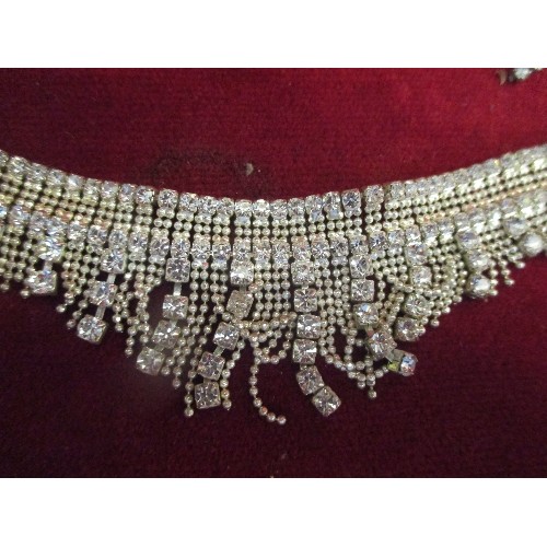 24 - ART DECO STYLE CHOKER NECKLACE WITH DIAMANTE AND SILVER BEAD DROPS TOGETHER WITH A PAIR OF VINTAGE C... 