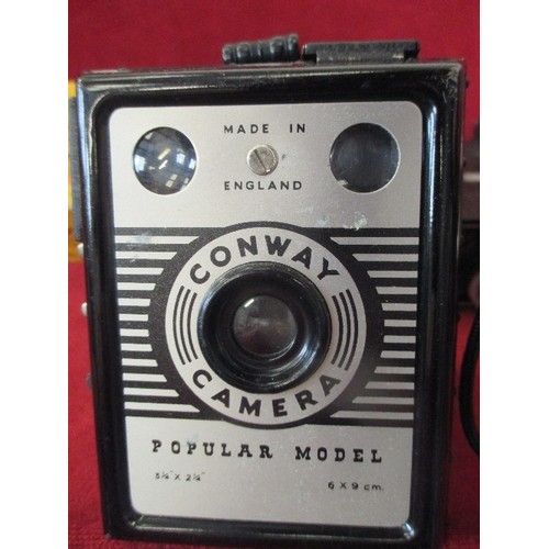 77 - VINTAGE CONWAY BOX CAMERA IN CASE, TOGETHER WITH A KODAK BROWNIE REFLEX AND A BELL & HOWELL AUTOLOAD... 