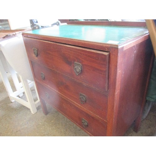 300C - 1930'S PINE CHEST OF THREE DRAWERS WITH ART DECO HANDLES - GREEN LEATHERETTE TOP