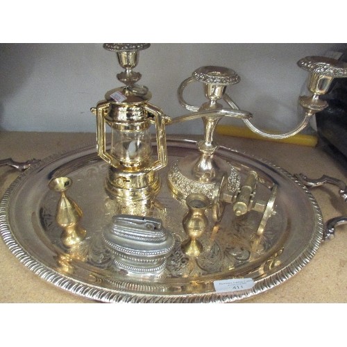 411 - METALWARE INCLUDING SILVER PLATED TRAY WITH CANDELABRA, TABLE LIGHTER, SALTERS SCALES AND WEIGHTS