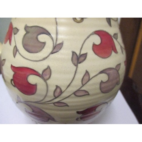 1 - AN ART DECO CROWN DUCAL CHARLOTTE RHEAD JUG, WITH TUBE LINED DESIGN OF LEAVES IN BURGUNDY AND GREY -... 