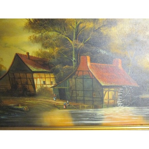 123 - LARGE OIL PAINTNG ON CANVAS OF A WATER MILL BY A FISCHER, FROM THE JOSEF MENSING GALLERY GERMANY - I... 