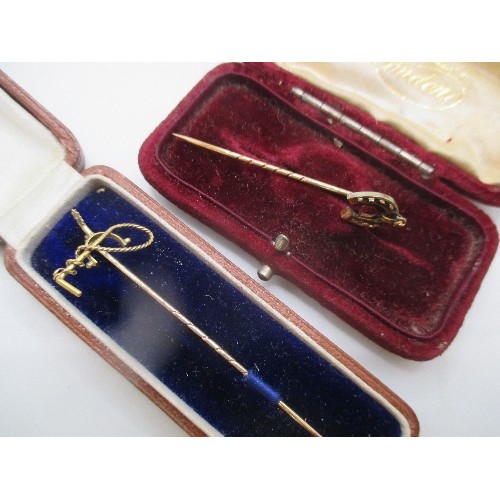 21 - TWO EQUESTRIAN STICK OR STOCK PINS INCLUDING A VERY FINE VICTORIAN ONE WITH RIDING CROP AND SPUR THE... 