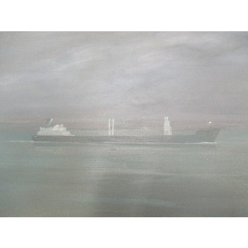 120 - GILES AUTY (1934 -2020) - BRITISH / AUSTRALIAN PAINTER - OIL ON CANVAS OF OIL TANKER WITH DISTANT CO... 