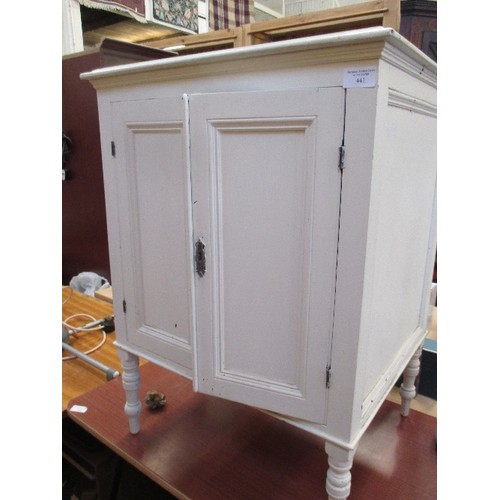 453 - SMALL 1920'S WHITE PAINTED CABINET WITH PANELLED DOORS & TURNED LEGS, INTERNAL SHELF 52CM X 46CM X 7... 