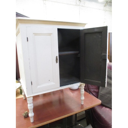 453 - SMALL 1920'S WHITE PAINTED CABINET WITH PANELLED DOORS & TURNED LEGS, INTERNAL SHELF 52CM X 46CM X 7... 